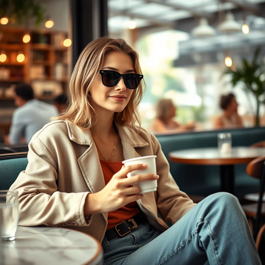 In summer, a 20-year-old fashion influencer is sitting at a chic café, wearing stylish clothes, enjoying a coffee, with a depth of field and a blurry background of the café interior, soft ambient light, in a candid shot. - Image