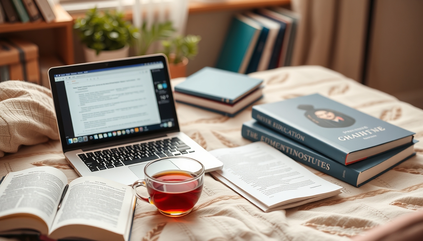 A cozy home study setup with a laptop, textbooks, and a cup of tea, emphasizing the comfort and flexibility of online education.