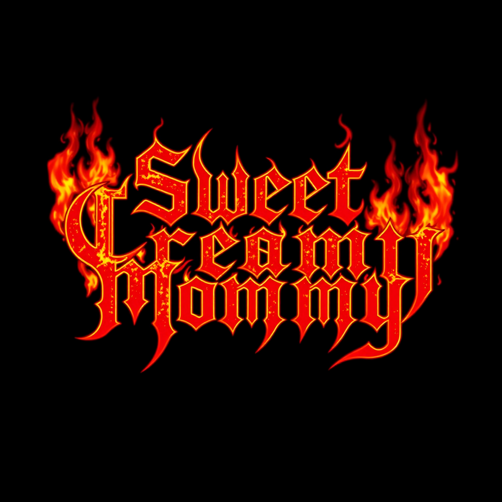 Stylish death metal band logo for "Sweet Creamy Mommy" in red with fiery orange embers and chars around the lettering.