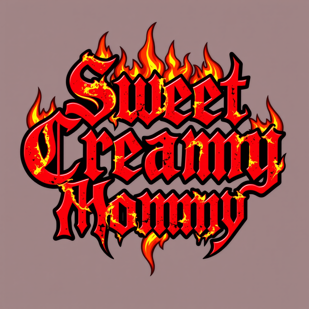 Stylish death metal band logo for "Sweet Creamy Mommy" in red with fiery orange embers and chars around the lettering. - Image