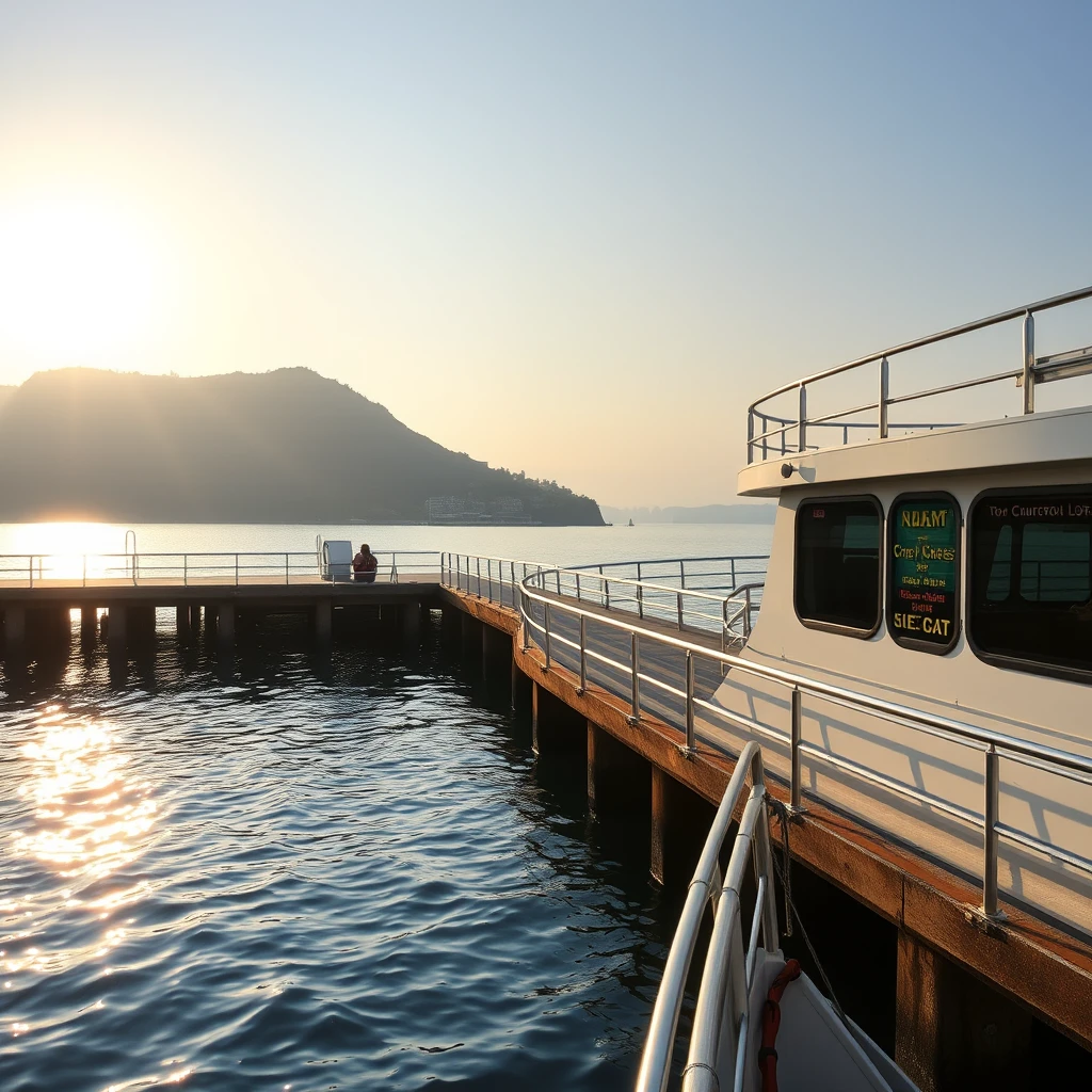 At dawn, as the first light of the sun greeted us, we embarked from the pier, sailing towards the pristine haven untouched by commercialism - Cheung Chau Island, morning sunlight, pristine dock, ocean, high-definition, Sony photography, realistic style.