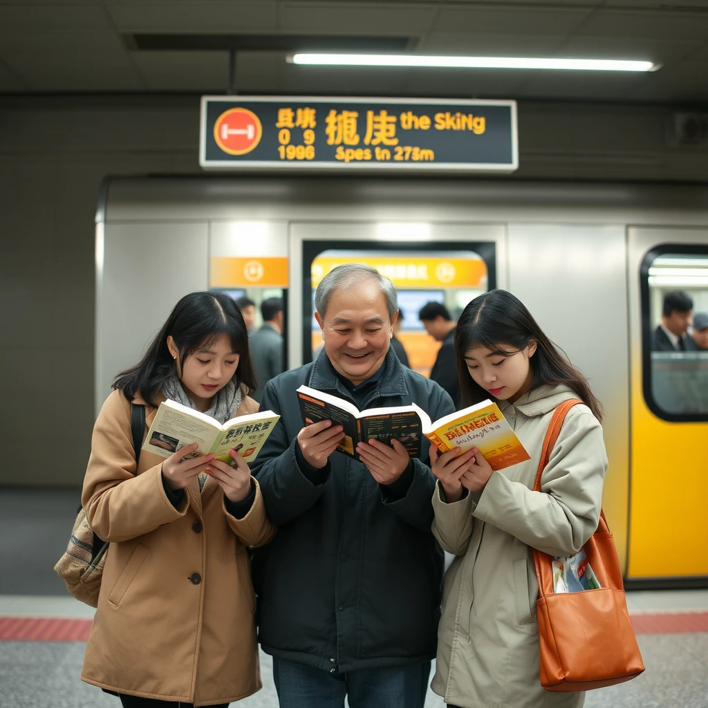 "Three Chinese people are reading books outside the subway, while there are many people inside the subway station."