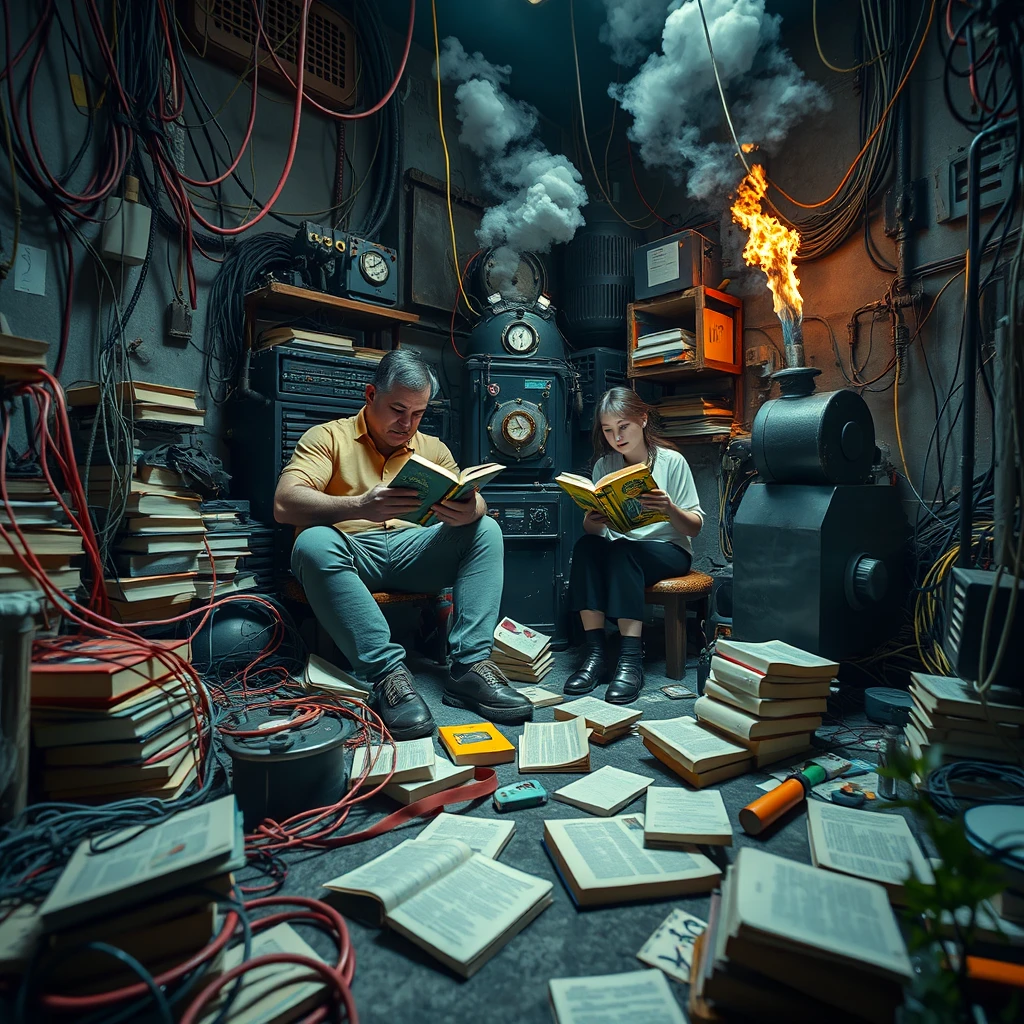 A real-life photograph, wide shot, of a strong man and a Japanese girl reading books in the corner of a room. The room has some books scattered messily, and many wires of varying thicknesses are on the floor and in the air, including red, blue, yellow, and other colors. Additionally, there are some machines emitting steam and fire. The lighting is dim, and there are some plants. - Image