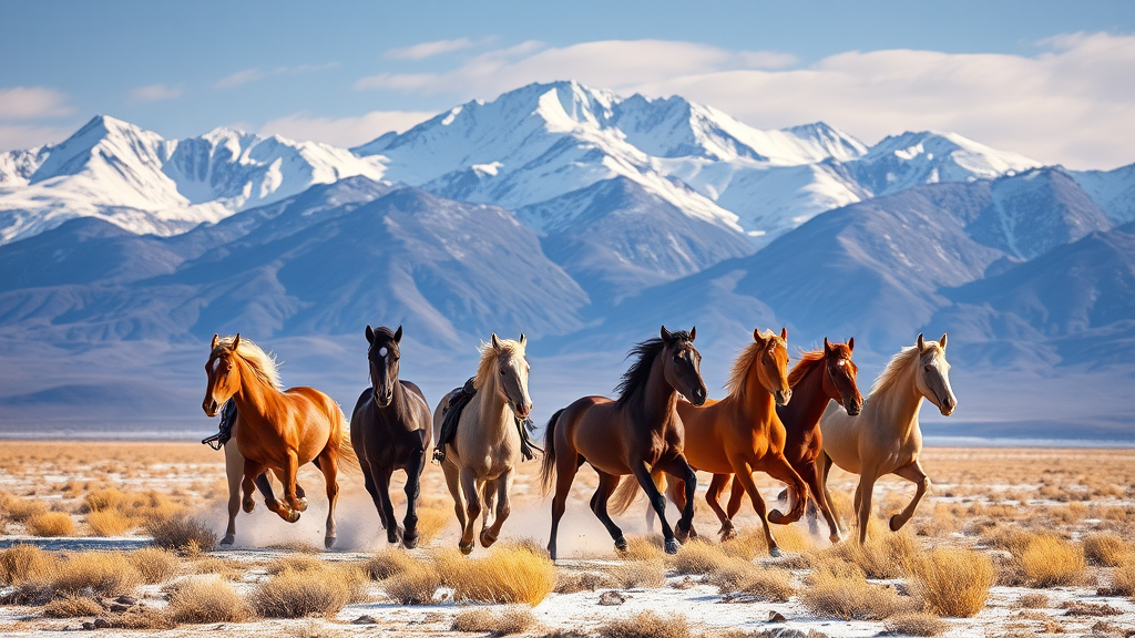 A group of horses running in front of snow-capped mountains in Kazakhstan, by David G. Sorensen, a photo, fine art, majestic horses, galloping, equine photography, in the steppe, horses, 8k award-winning photograph.