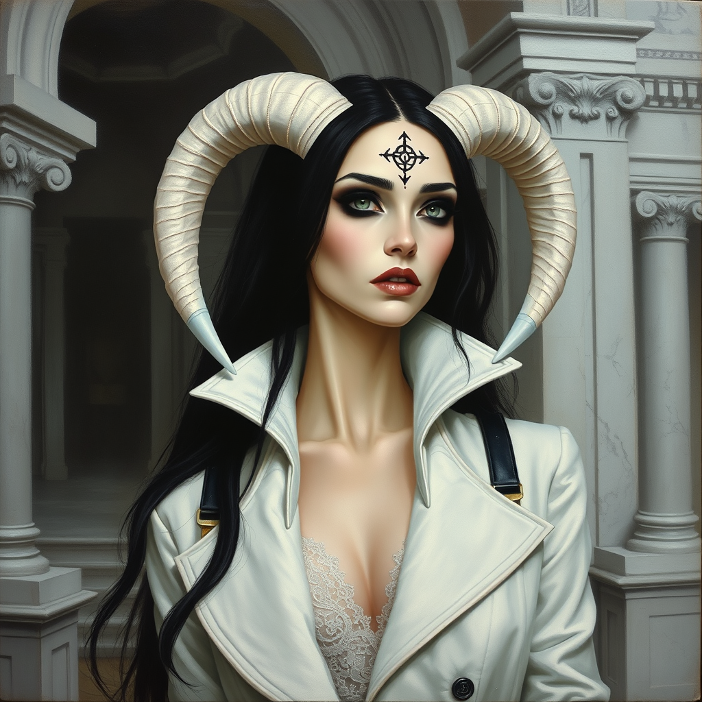 Oil painting, mysterious woman with demonic elements in her appearance. Pale skin and long black hair, large curved white horns, black makeup, a symbol resembling a tattoo or magic sign is drawn on the forehead. Elegant white coat with a high collar and straps, under the coat you can see intricate lace. Around her, you can see architectural elements reminiscent of an ancient temple or palace, made in white marble, the atmosphere is cold and mystical. - Image