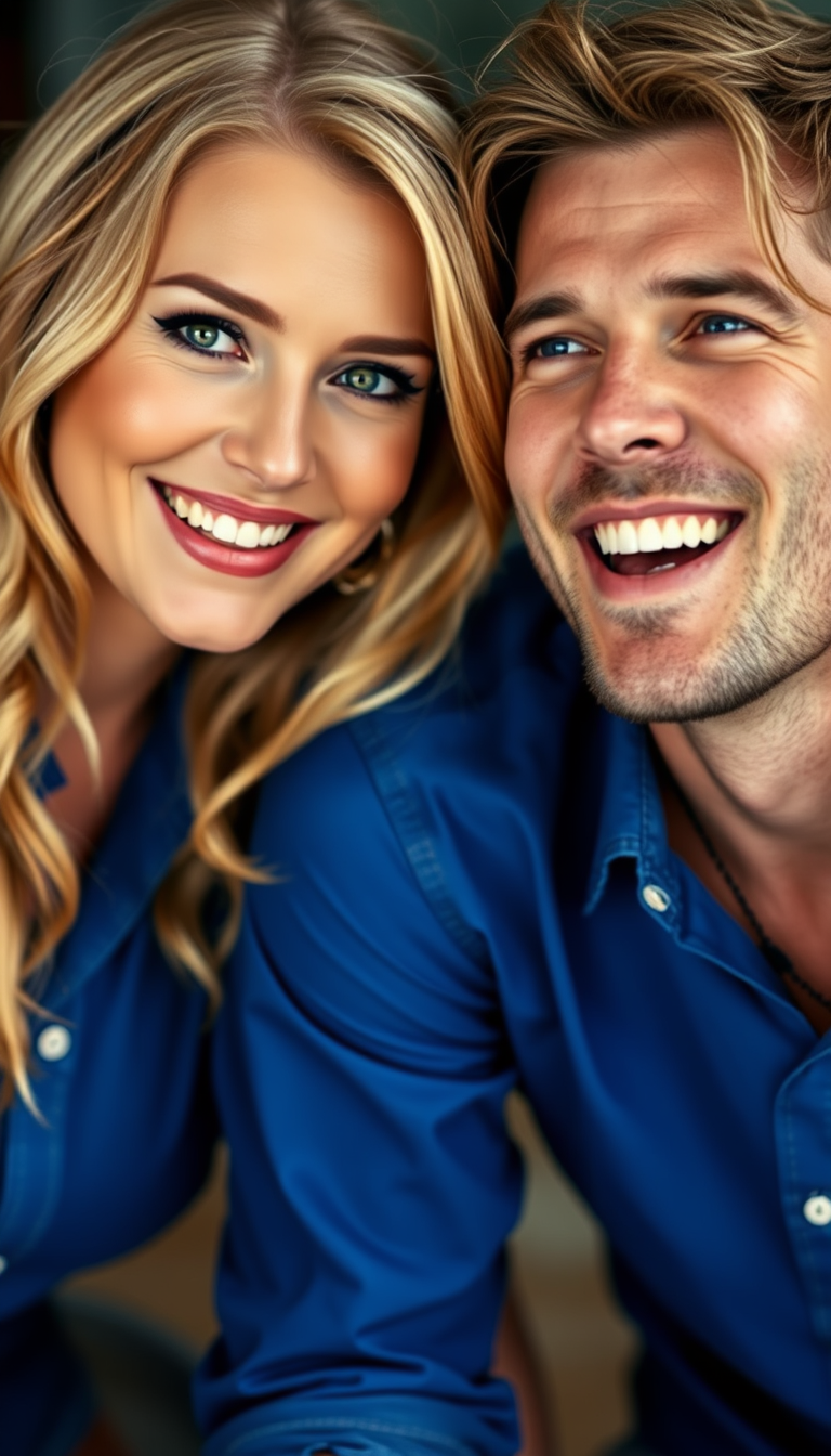 A sexy beautiful woman with green eyes and blonde hair, resembling Eva Green, is with a man who has blue eyes and brown hair, wearing a blue shirt. They are facing the camera and laughing.