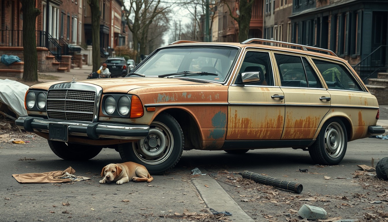 Rusty 124 Mercedes wagon with big chrome rims, old grain photo style, Baltimore city street, garbage, abandoned houses, drunk homeless on the ground. - Image