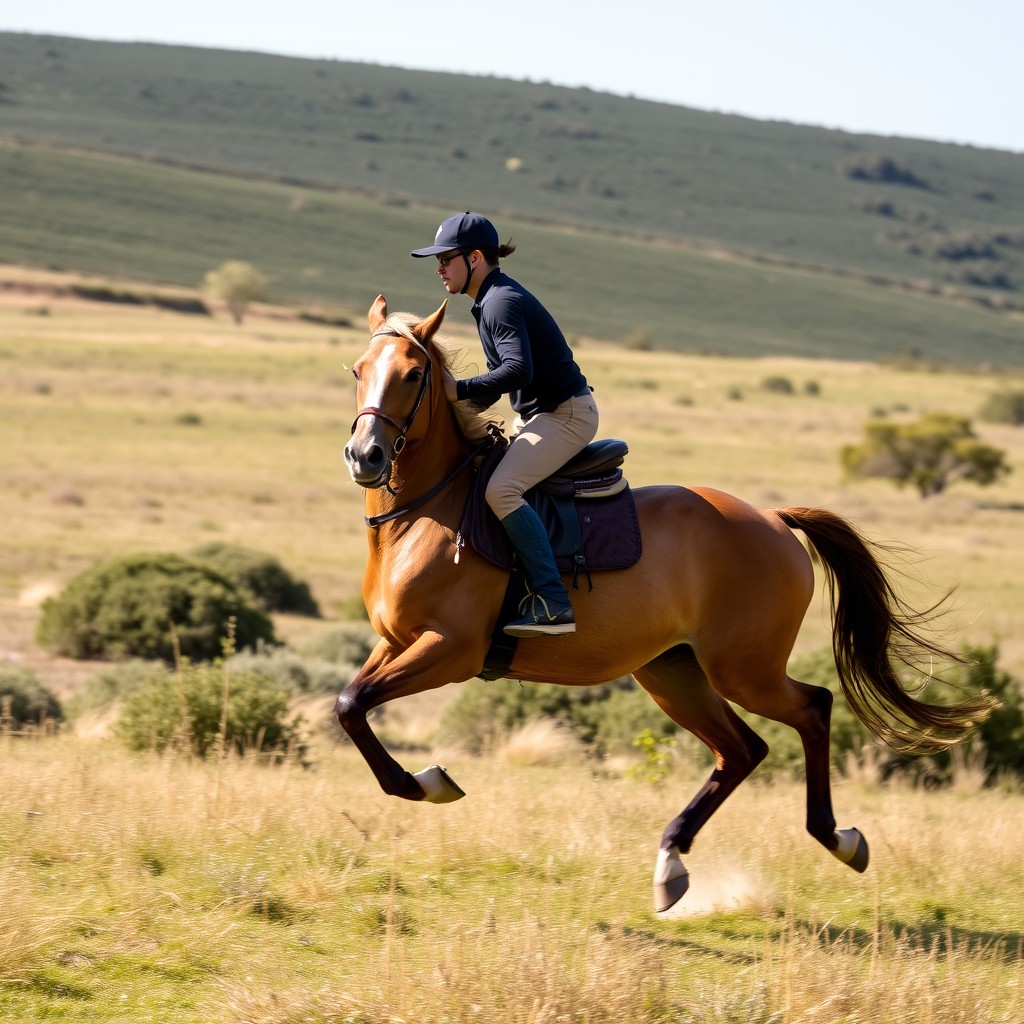 A person is riding a horse and running quickly on the grassland. - Image