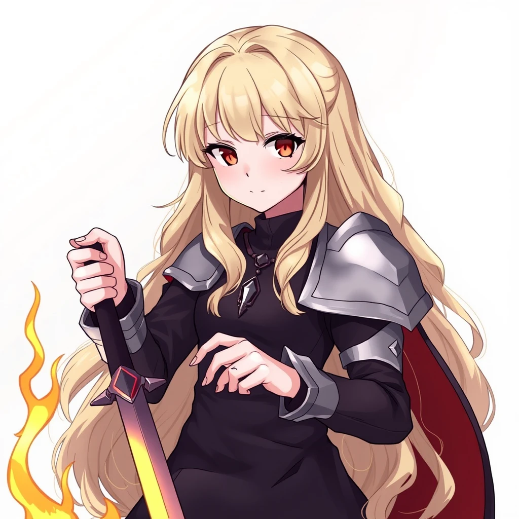 1 girl, solo, long hair, looking at viewer, bangs, blonde hair, red eyes, long sleeves, dress, holding, jewelry, closed mouth, weapon, flame sword, cape, holding weapon, dark dress, heavy armor, wavy hair, holding sword, ring, pauldrons.