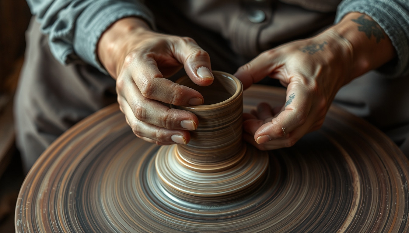 A close-up of a craftsman's hands meticulously shaping a piece of pottery on a spinning wheel, with earthy tones and rich textures.