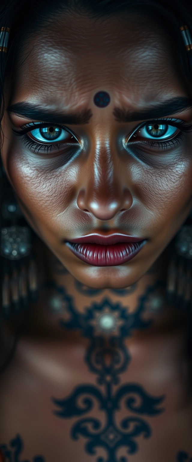 Close-up chest shot of a beautiful Indian woman with stunning facial features and gray, hypnotizing eyes, showcasing facial, chest, and neck tattoos, and a crying expression.