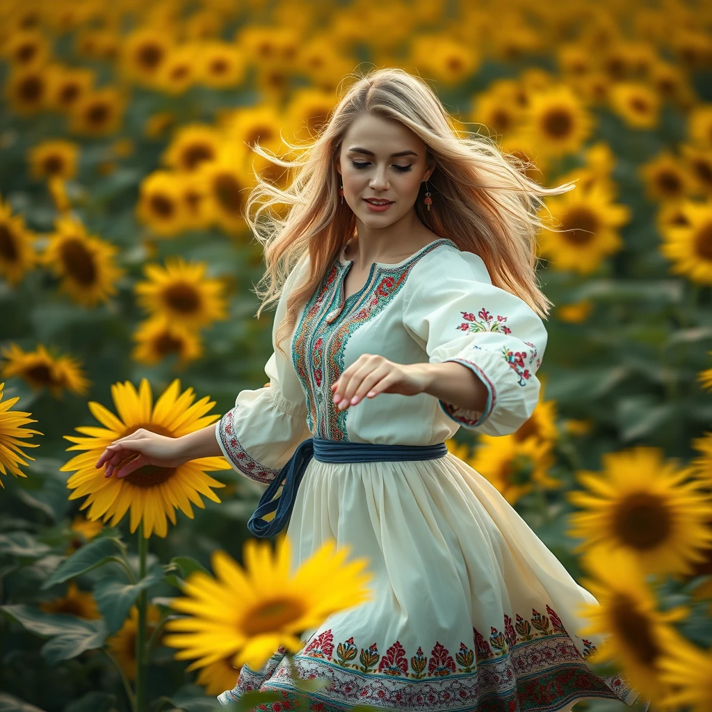 A Ukrainian woman dancing in a sunflower field, 20 years old, blonde, with light in her eyes, (Ukrainian traditional costume: 1.4), Style by Rick Remender, Motion blur, Movement, Full body, Award-winning work.