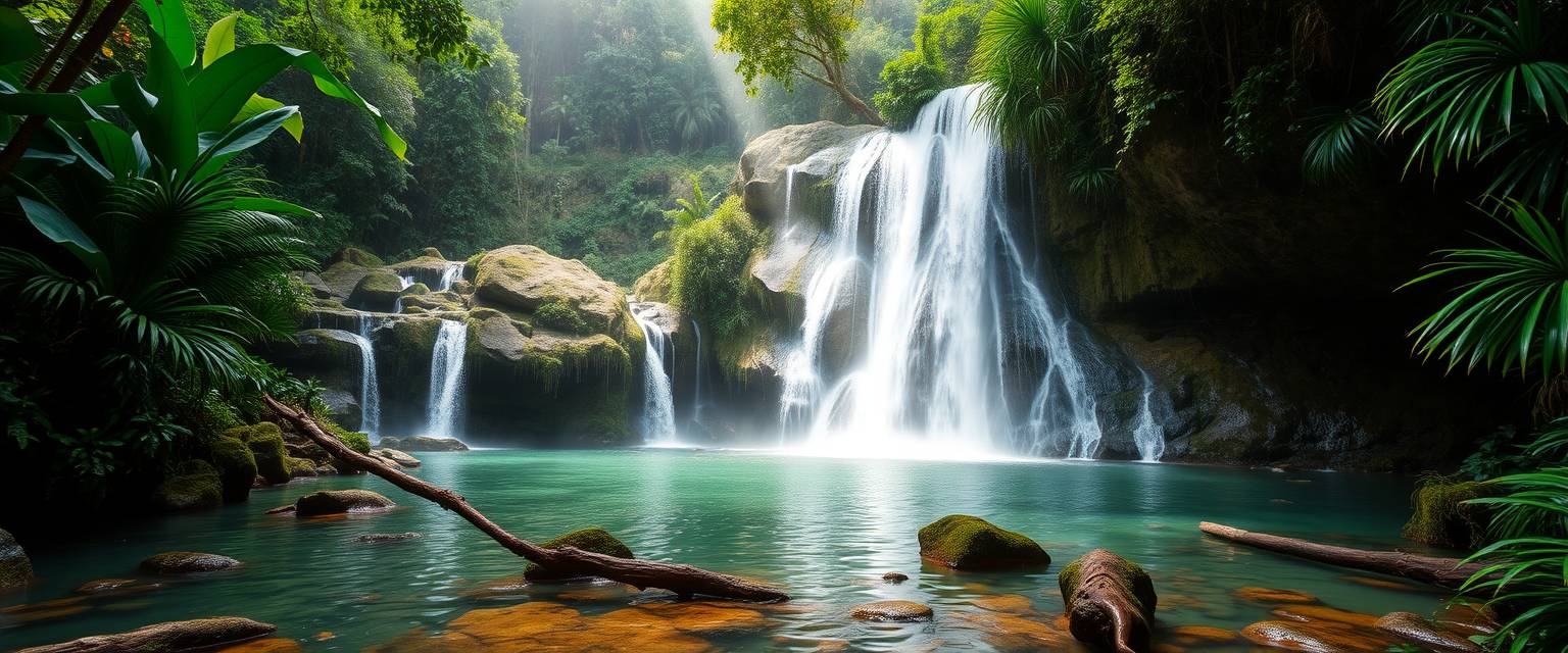 rfall, cascading, clear water, lush greenery, high quality, photorealistic, hidden oasis, serene, rainforest, breathtaking, secluded::0.8 moss-covered rocks, tropical plants, natural pools, jungle trails, mist, rays of sunlight