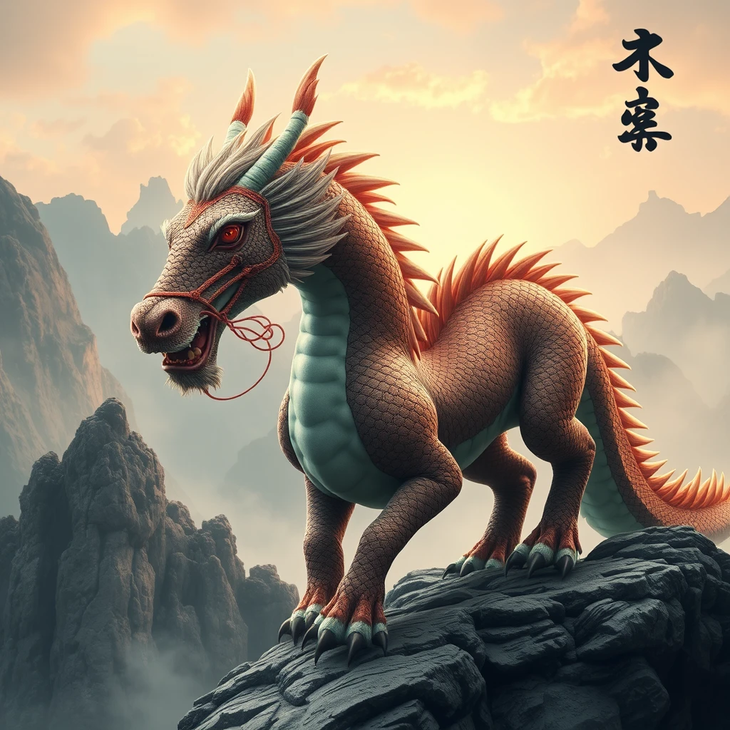 (ultra realistic) an oriental dragon combined with a horse, hairy body, in a mountain background in China.