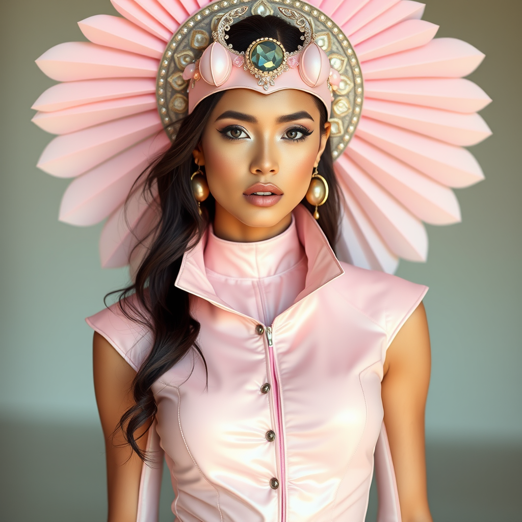 A beautiful brunette female pop artist wearing a pastel sleek futuristic outfit with a huge headpiece centerpiece. She has clean makeup and is captured in vivid colors, embodying the essence of fantasy and a minimalist, fantastical, edgy, and regal themed outfit, with depth of field. - Image