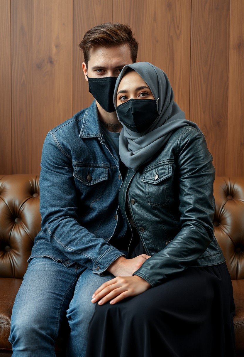 Jamie Dornan's head and body shot, handsome, face mask black, jeans jacket, jeans, dating, love couple, with the biggest grey hijab Muslim girl, beautiful eyes, face mask black, black leather jacket, biggest skirt, hyper realistic, studio photography, sitting on a leather classic sofa, wooden wall.