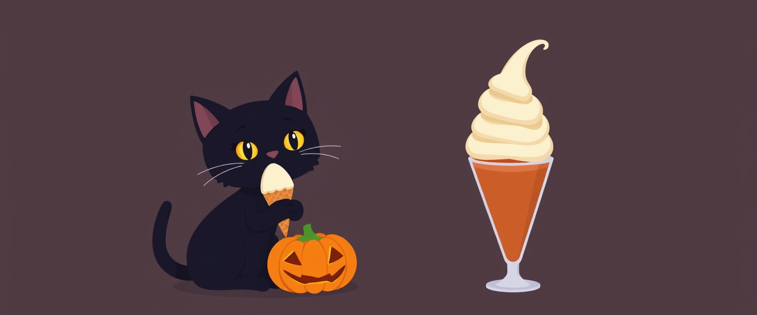 Black cat and pumpkin ice cream, Halloween vibe, flat design illustration. - Image