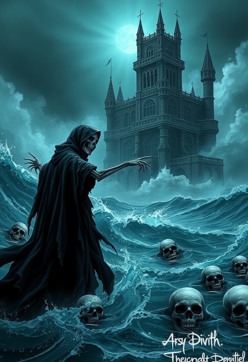 A skeletal grim reaper in a tattered black cloak stands amidst a stormy sea, arms outstretched, surrounded by floating skulls. A gothic necromancer's castle looms in the background. Dark, ethereal, and ominous atmosphere, digital art, teal tones.