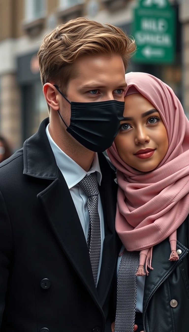 Jamie Dornan's head and body shot, handsome, young, face mask black, white shirt half buttoned, grey patterned tie, black coat suit, dating love with the biggest soft pink hijab girl, beautiful eyes, black leather jacket, face mask black, biggest floral skirt, hyper realistic, street photography.