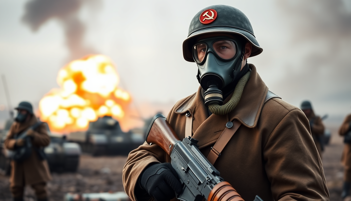 Generate a Soviet conscript soldier, wearing a gas mask with a tube to the air filter, wearing a Russian-style helmet with the red Soviet hammer and sickle logo, wearing a brown long coat, black leather gloves, a brown leather belt, holding an AK-47 automatic rifle, standing in a battlefield, with the same soldiers in the background, an explosion in the background, and Soviet T-54 tanks in the background, with the background blurred.