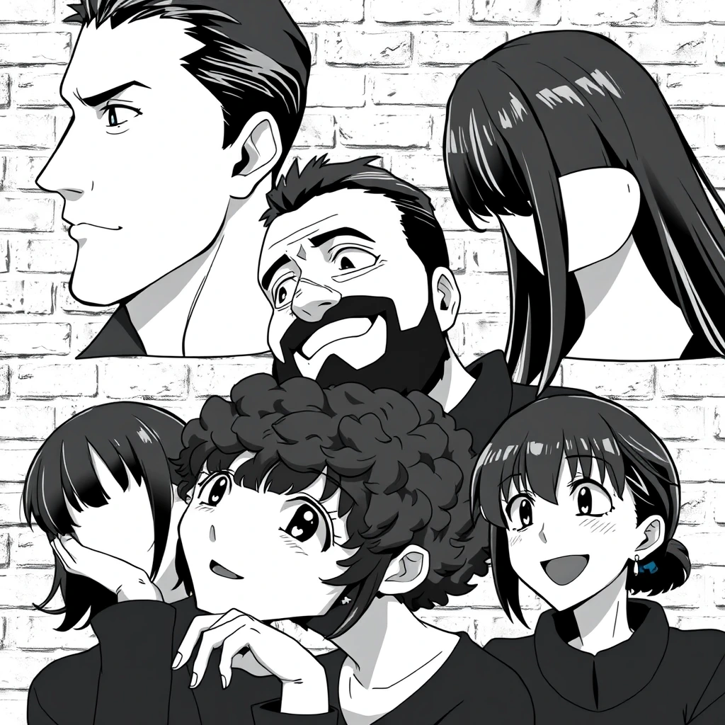 Anime-style black and white collage of five characters. The image features five people in a close-up collage, all in black and white. They are set against a brick wall background. Each person’s expression and position is distinct.

Top Right Corner: A young woman with long hair looking slightly to her left, with a serious and thoughtful expression. Her face is partially cut off on the left edge of the image.

Left Side: A man with short hair, looking to his right with a calm and somewhat neutral expression. His profile is prominent in the image.

Top Center: A bearded man with short hair, smiling gently as he looks to his right. His expression is friendly and he seems to be observing something or someone.

Bottom Left Corner: A woman with curly hair, resting her head on her hand and smiling slightly. She is looking up and to her right, as if engaged in a pleasant thought or conversation.

Bottom Right Corner: Another young woman, smiling broadly and looking to her left. Her eyes are wide open, and her expression is cheerful and full of laughter. Each person is wearing dark clothing, and the image is composed in a way that their faces are the main focus, with close-up shots capturing their expressions vividly. - Image