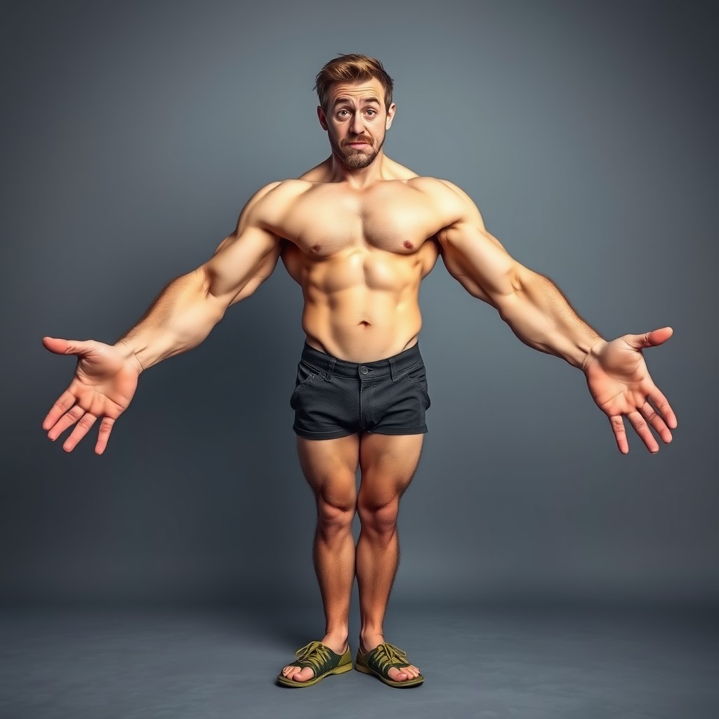 photo of a confused man with enormous leg muscles, small arms, and normal torso