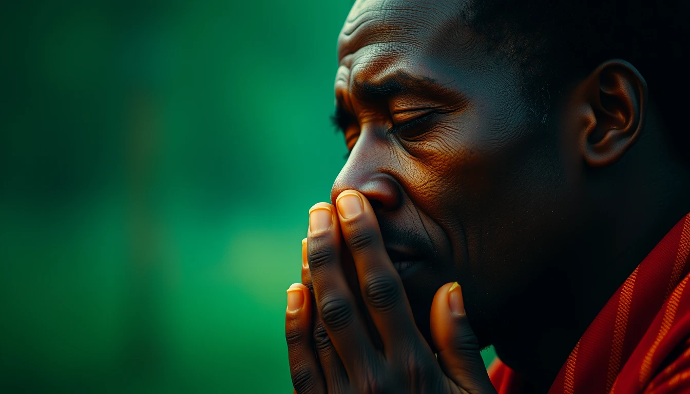 Portrait of a Rwandan man praying, cinematic shot, mysterious, green and orange color grading. - Image