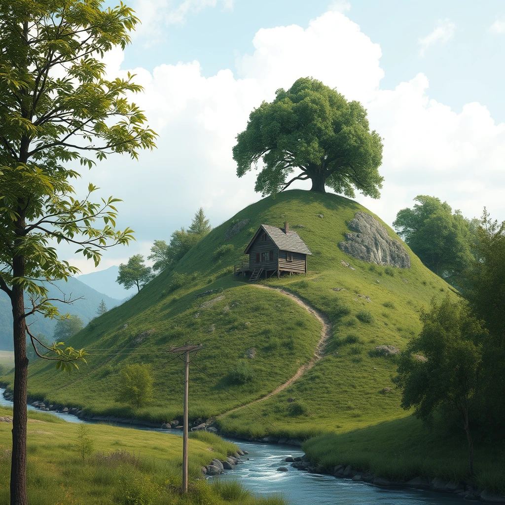 There is a hill, at the foot of which there is a small river, on top of the hill there is a large tree, and beneath the large tree at the top of the hill, there is a wooden house. - Image