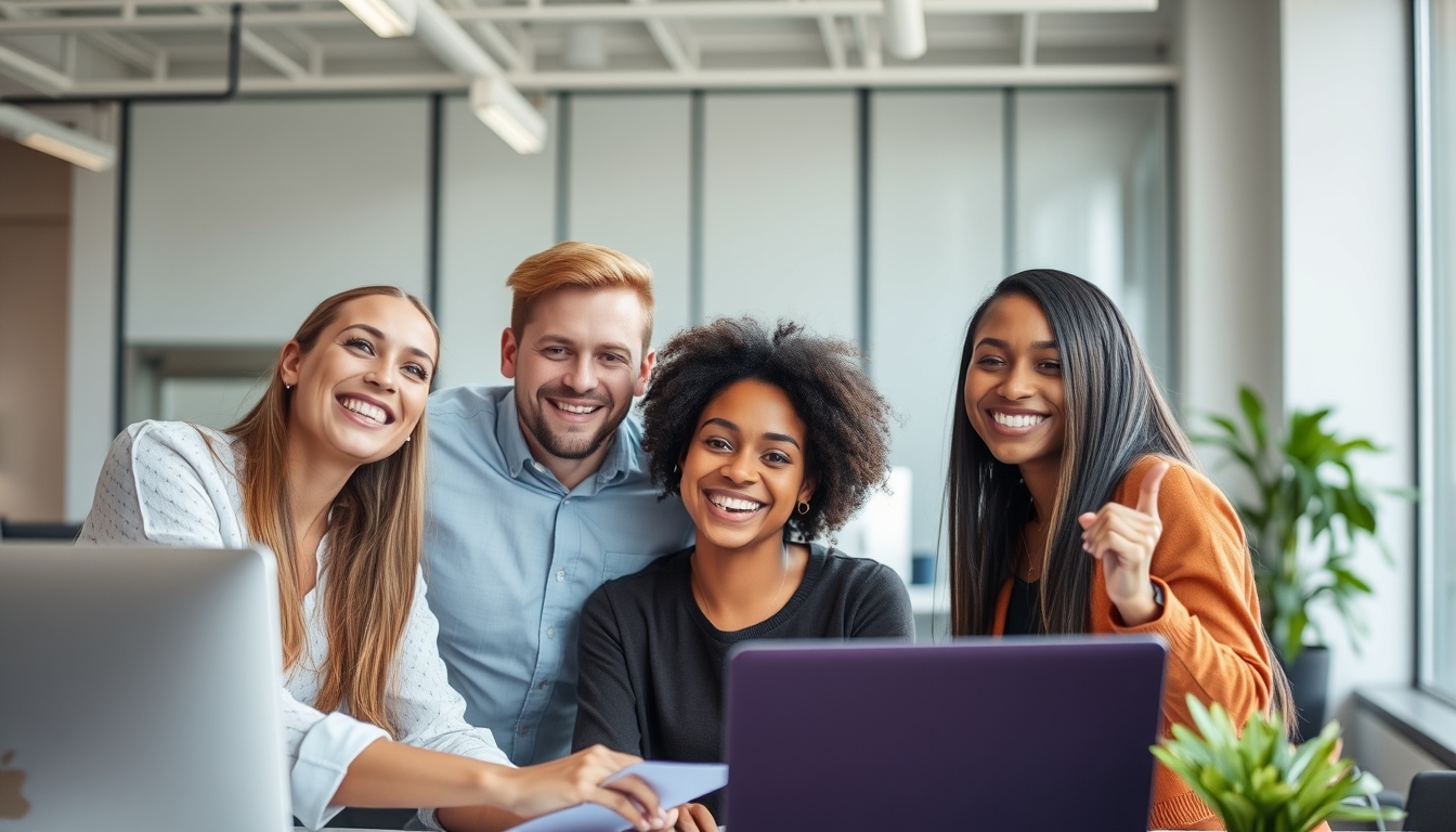 Photo of successful joyful cheerful young people working together in an office company workspace indoors.