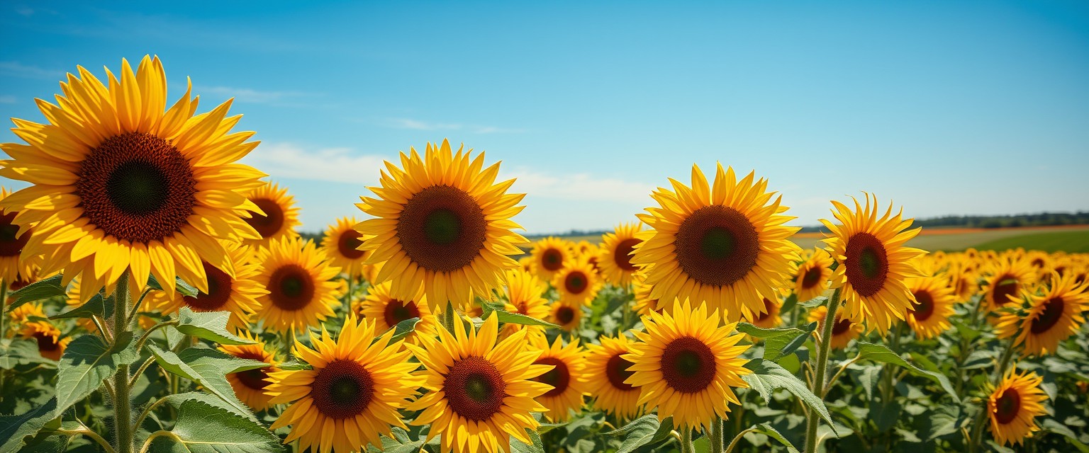 Vibrant, sunflower fields, golden blooms, high quality, photorealistic, summer, cheerful, idyllic, rural, panoramic, breathtaking, blue skies, windblown fields, sunset, floral arrangements. - Image