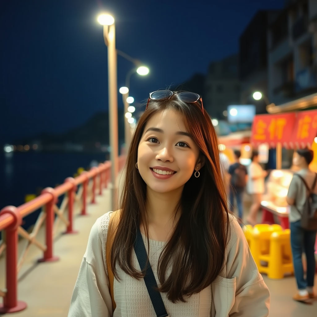 🌌 **Island at Night**: "Korean young woman experiencing nightlife, sea stroll, night market, unique charm of Cheung Chau Island at night, photorealistic style"