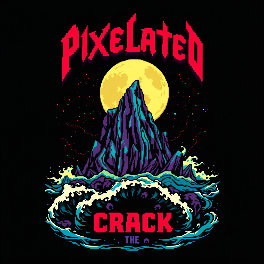 T-shirt design featuring a blocky, colorful 8-bit style of death metal blended with chiptune elements. The visual should be unique and striking, embodying a macabre yet beautiful aesthetic, with the band name "Pixelated Crack" incorporated alongside a scene inspired by the deep sea. - Image