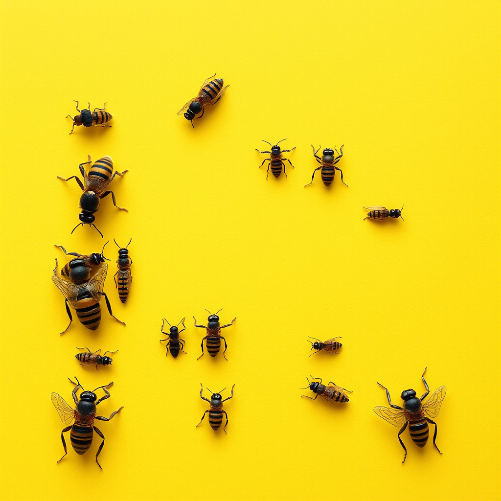 a typo "I" made of insects, yellow background, realistic photograph