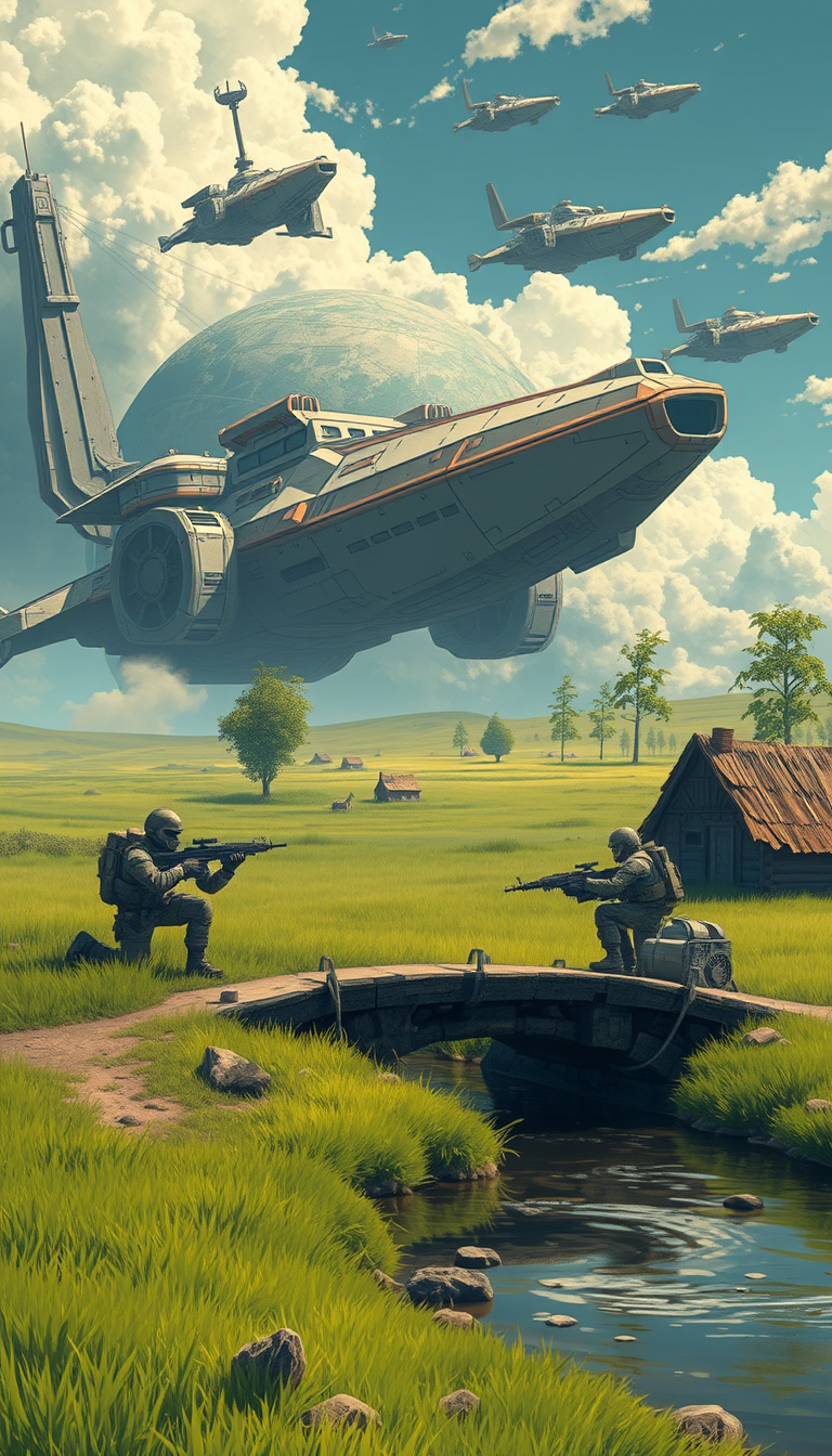 "In the grassland village on the planet, spaceships invade the sky, and tank soldiers hold guns on the small bridge over the creek."