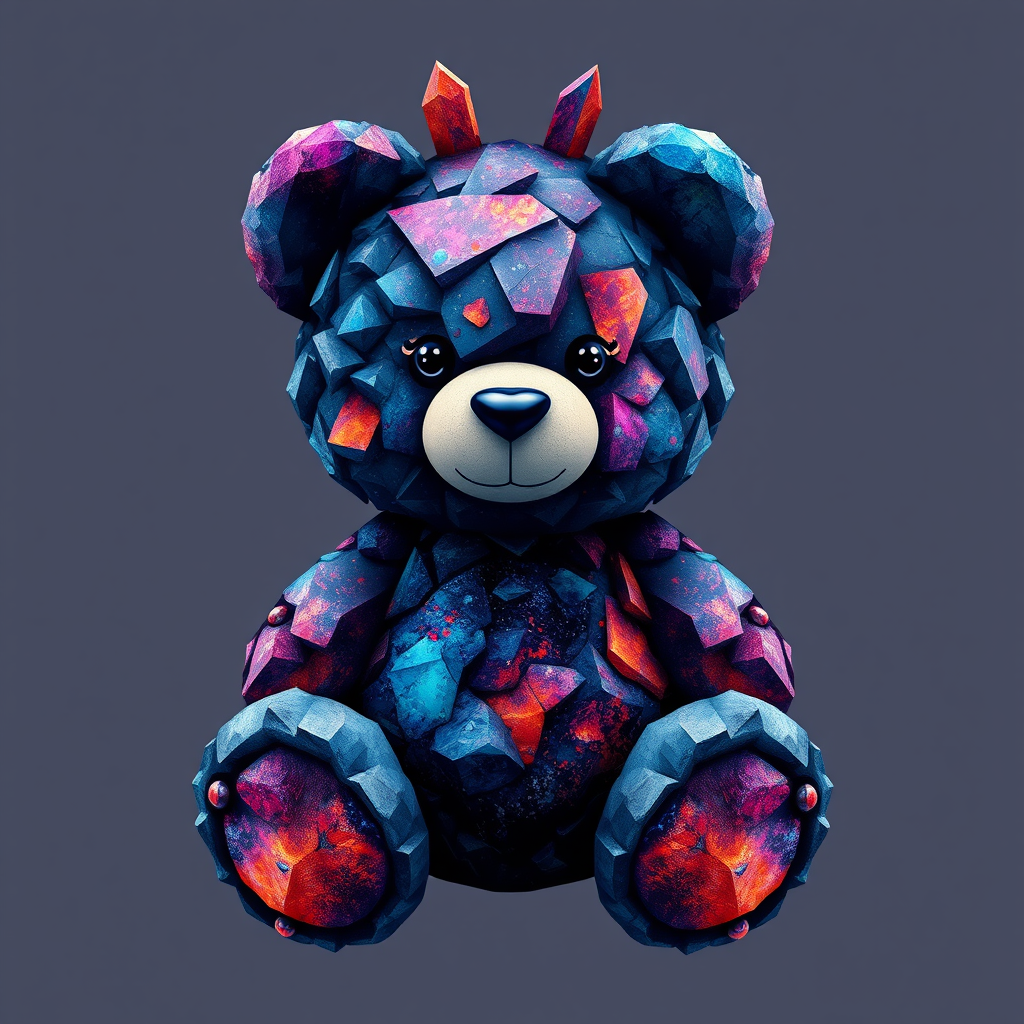 A tee shirt design of a teddy bear whose entire body, ears, and head are perfectly made of a beautiful jagged mineral that looks reminiscent of the universe with uneven colorful shards sticking out. Striking and beautiful, with deep blues and purples contrasting with vibrant reds and orange.