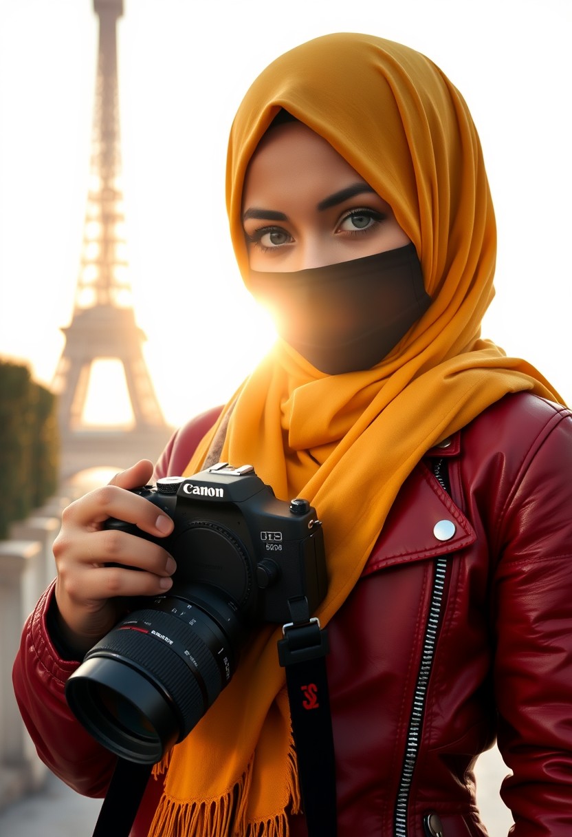 Biggest hijab, yellow Muslim girl, beautiful eyes, black face mask, red leather jacket, biggest skirt, holding a Canon DSLR camera, sunrise, morning scenery, Eiffel Tower, hyper-realistic, street photography.