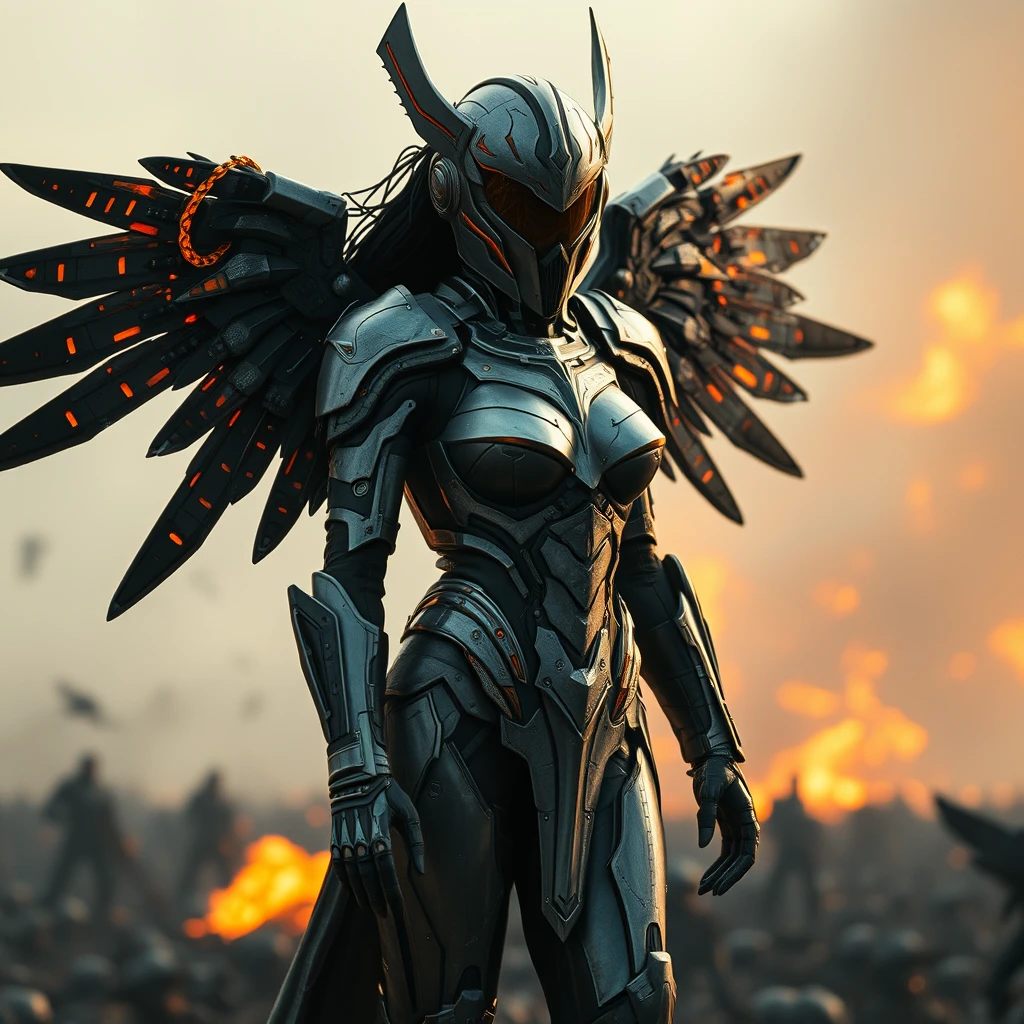 Cinematic shot of a female cyborg Valkyrie rising from ashes, armor, full helmet, wings, sci-fi, standing on a battlefield, movie scene, film grain, realistic.