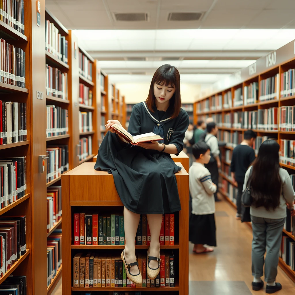 Real person photography, in the library, there is a Japanese female student wearing a school uniform skirt (with white skin) who is sitting on top of the bookshelf and reading a book. There are many people in the library. - Image