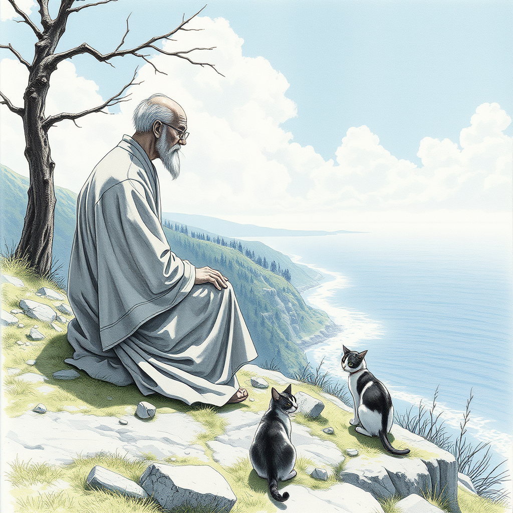 masterpiece, best quality, an old man in a robe sitting on the hillside with a cat sitting near him with a sea seen far below, drawn by pencil, digital art, art by Hiromu Arakawa, Osamu Tezuka, 8 k, beautiful drawing, highly detailed, concept art, sharp focus, ultra realistic illustration, anime++.