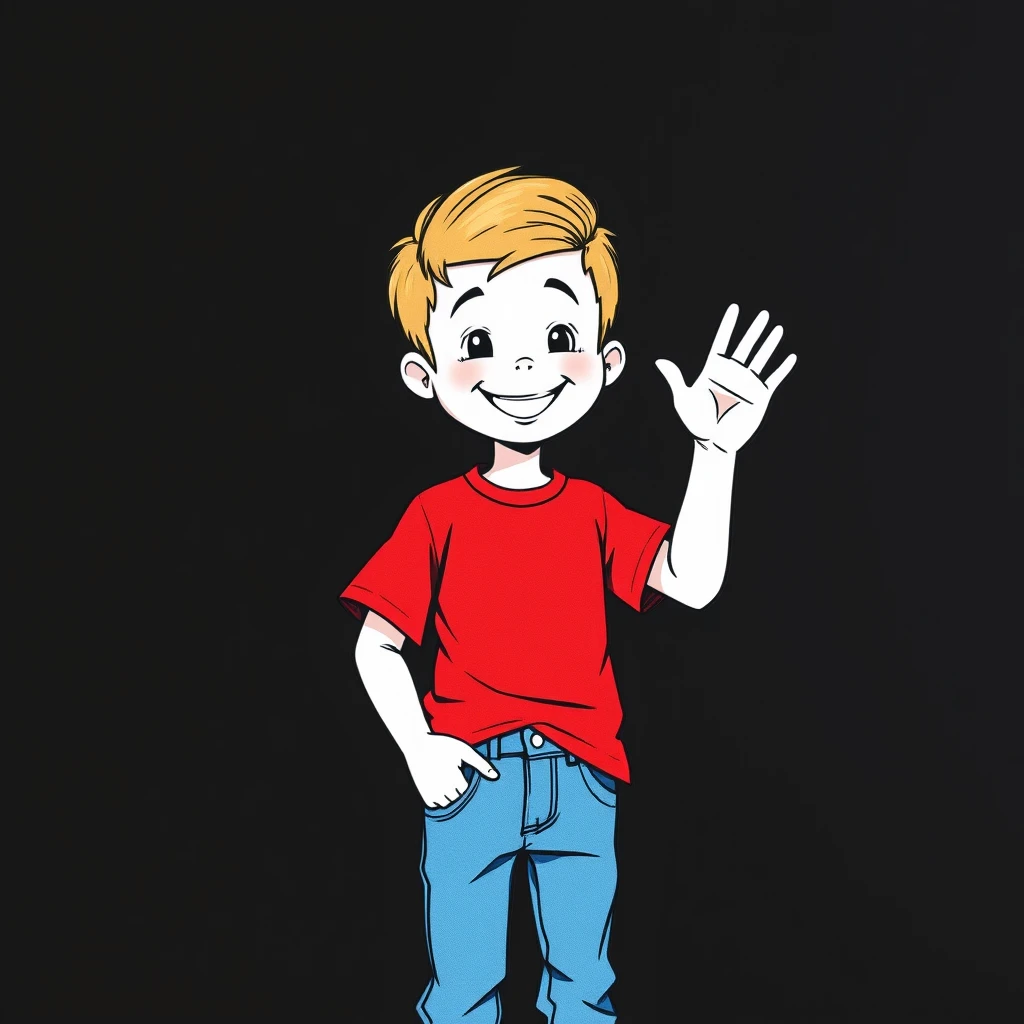 Draw a white boy in blue jeans and a red T-shirt smiling and waving with his right hand. photorealism. - Image