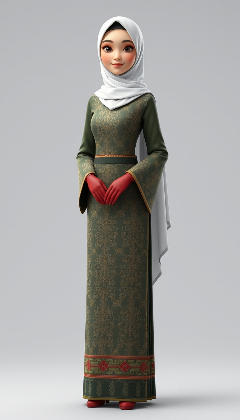 "Create a 3D, 8K animated cartoon of a Muslim woman from Palembang wearing a long traditional songket dress. She should have her hands covered with batik gloves. The image should capture the elegance and cultural richness of the attire." - Image