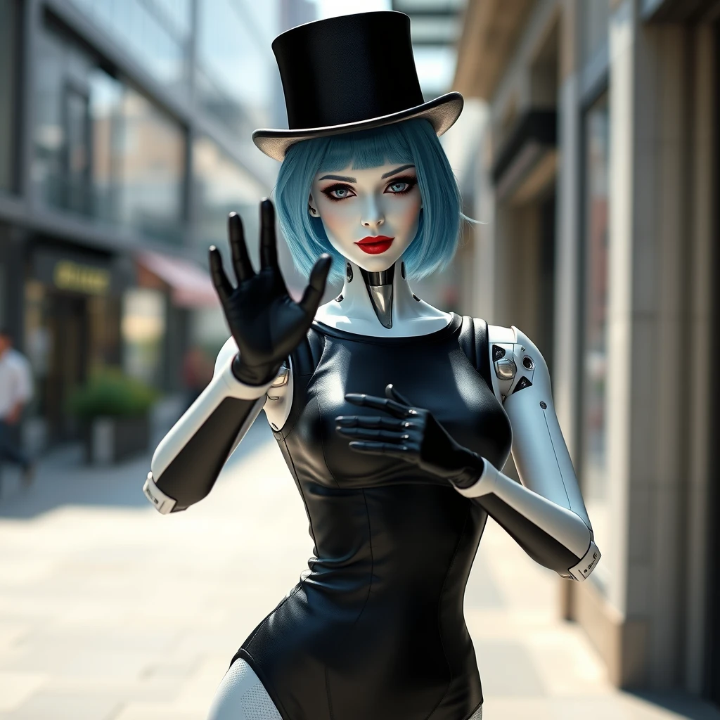 a humanoid attractive female robot that looks like a stage hypnotist, wearing a top hat and a black leotard and black gloves. she has a pale white skin, lipstick and blue hair. She is making an hypnotic pocket watch sway with her right hand. Her left arm is extended forward, slightly bent at the elbow, with her hand positioned at chest height. set in a modern street. staring at the viewer. - Image