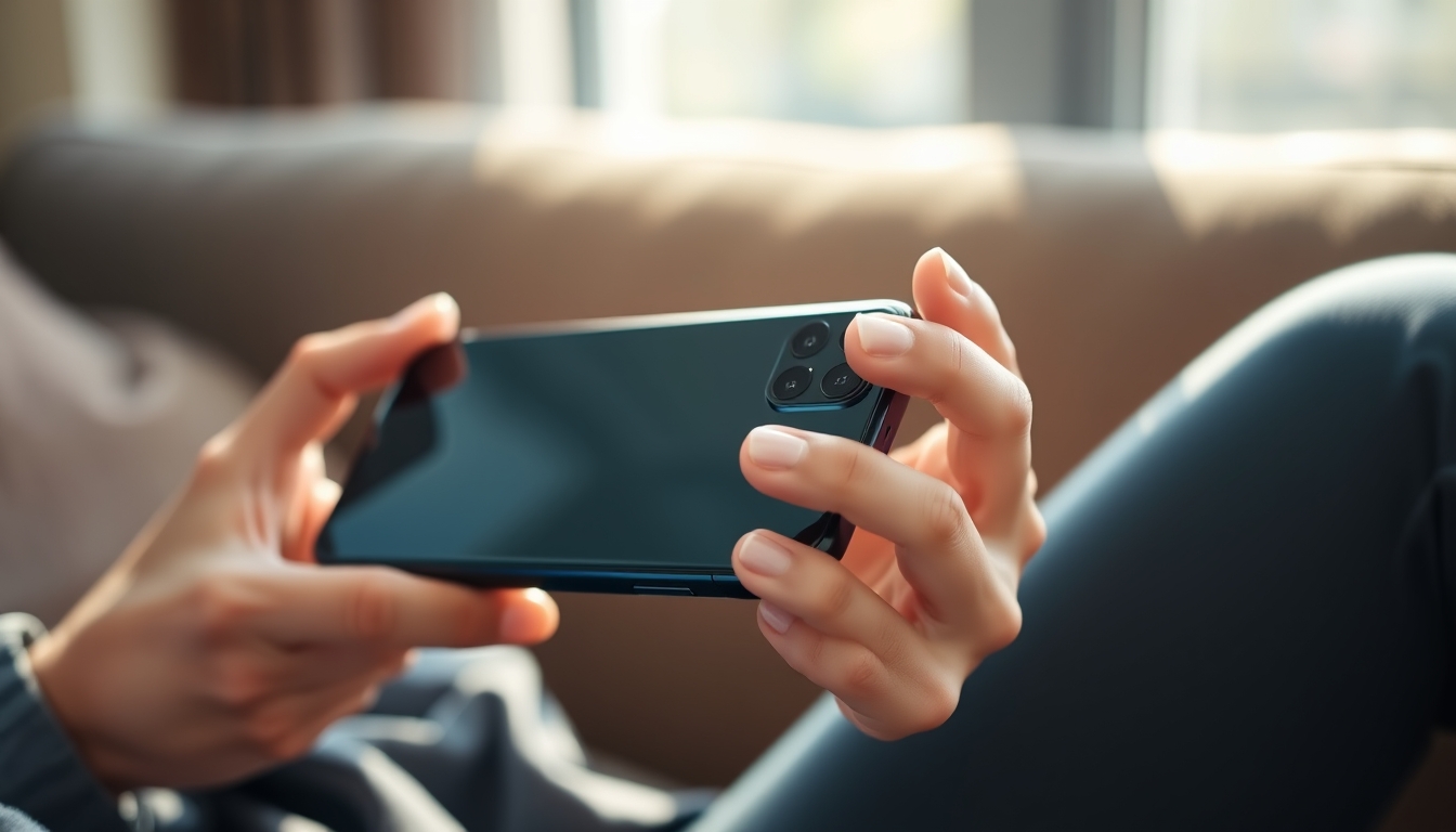 She is playing mobile games on the sofa with her iPhone 15 in both hands. Her fingers are slender and her skin is fair and translucent. The sun shines on her hands and the back of the iPhone 15 from the window. A close-up of the iPhone 15 is held in both hands. No face needs to be shown. - Image