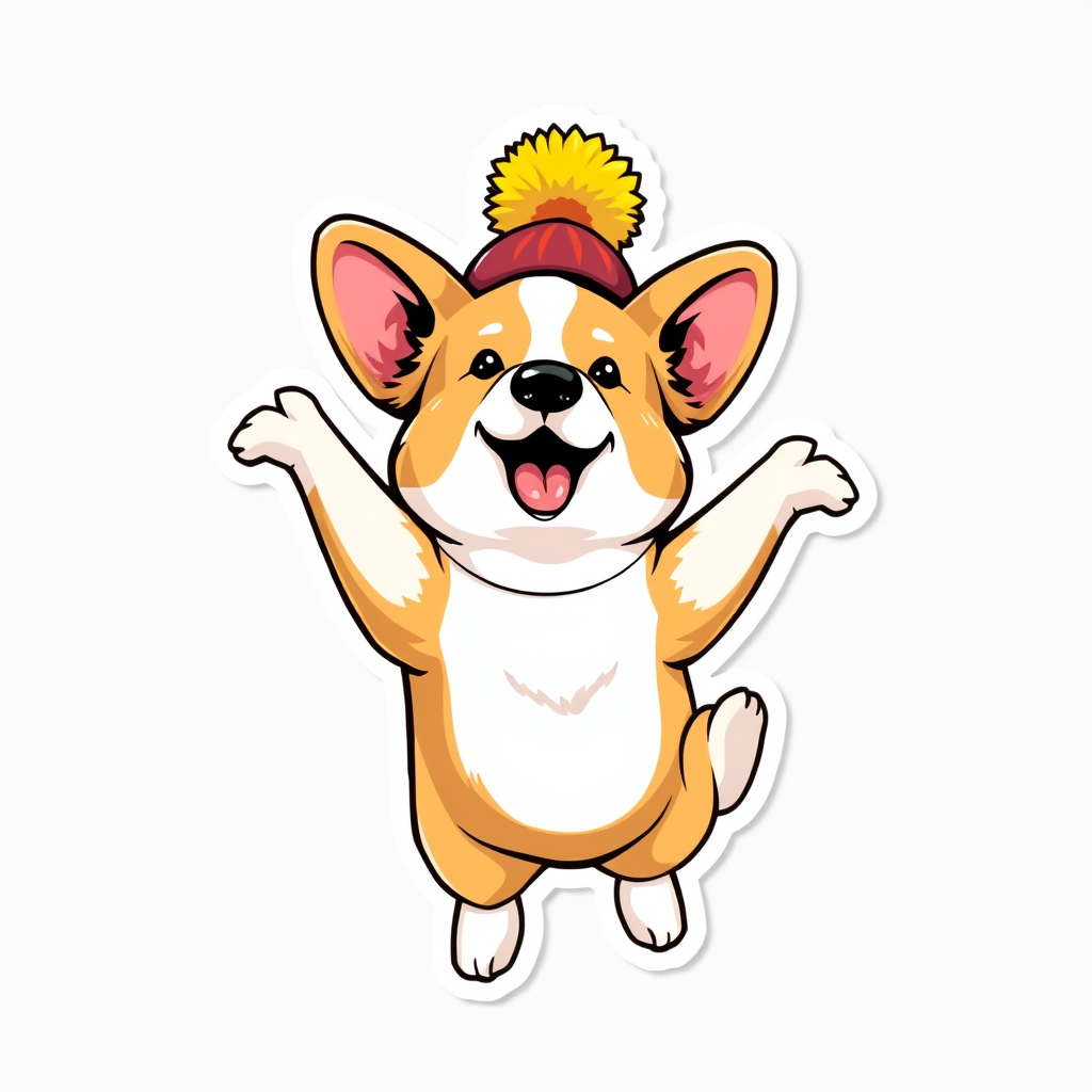 A corgi dog in a bright pom-pom hat, jumping and dancing. It looks very cheerful and energetic. This sticker is perfect for expressing joy, celebration, or just to lift someone's spirits.