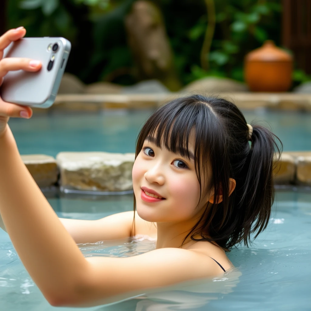 Japanese high school girl taking a selfie in a hot spring. - Image