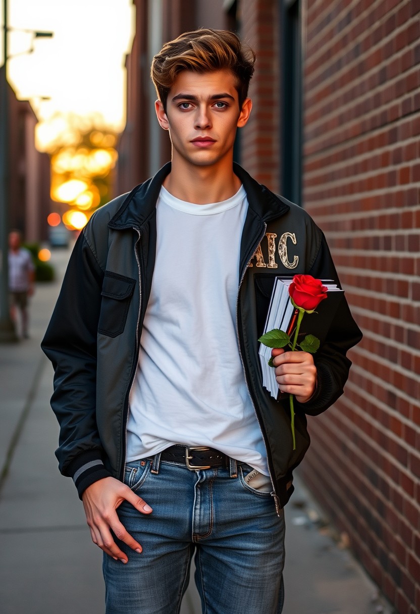 Freddie Prinze head and body shot, handsome, young, serious face, white T-shirt, collage jacket, skinny jeans, sneakers, holding a red rose and some books, hyper-realistic, street photography, brick wall, full body photo, sunrise. - Image