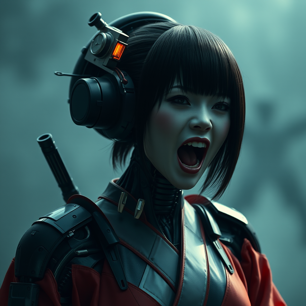 ((android:1.8) Geisha from film Ghost in the Shell: 1.5) cyborg parts, scream, creepy, dark movie atmosphere, fog, natural light, cyberpunk background. - Image