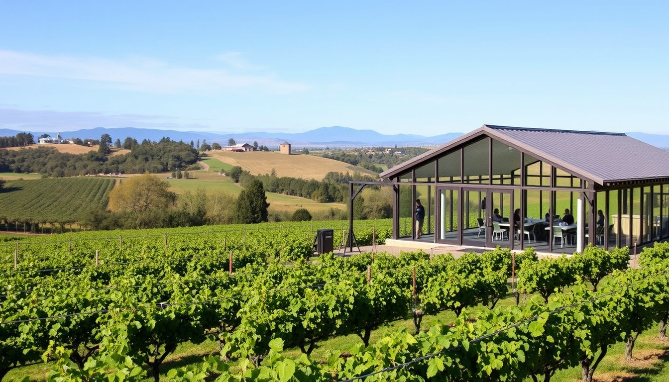 A picturesque vineyard with a glass-walled tasting room overlooking the grapevines.