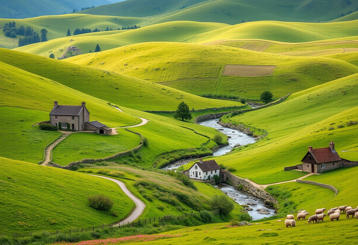 Rolling, green hills, pastoral, idyllic, countryside, meandering streams, vibrant wildflowers, grazing livestock, picturesque, high quality, photorealistic::0.7 ancient stone cottages, winding pathways, charming, peaceful, rural farmhouses, straw bales, grazing sheep.