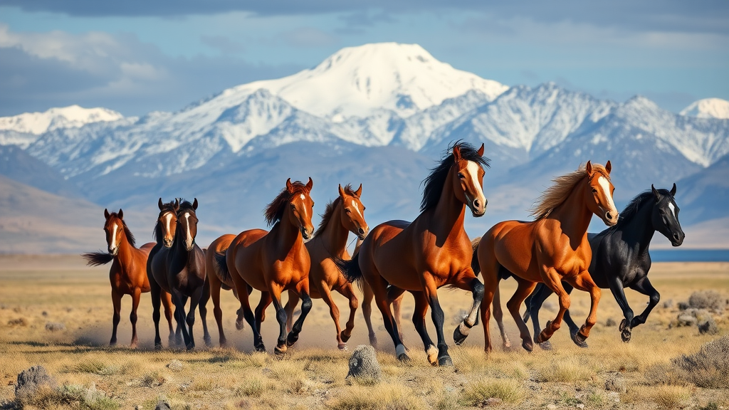 A group of horses running in front of snow-capped mountains in Kazakhstan, by David G. Sorensen, a photo, fine art, majestic horses, galloping, equine photography, in the steppe, horses, 8k award-winning photograph.